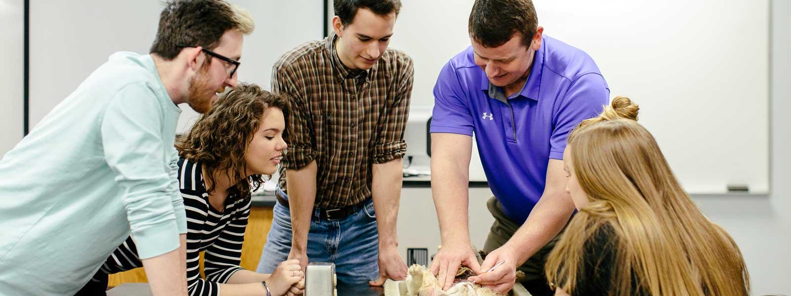 professor works on biology dissection with four students observing